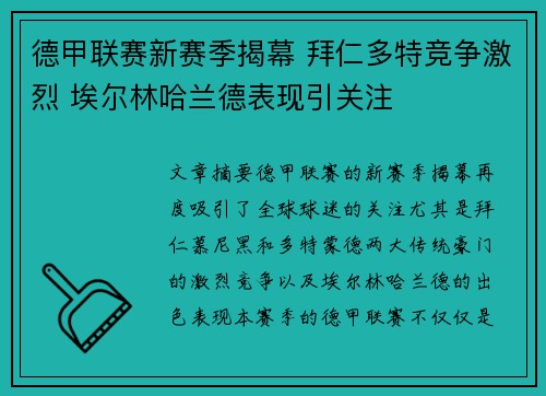 德甲联赛新赛季揭幕 拜仁多特竞争激烈 埃尔林哈兰德表现引关注